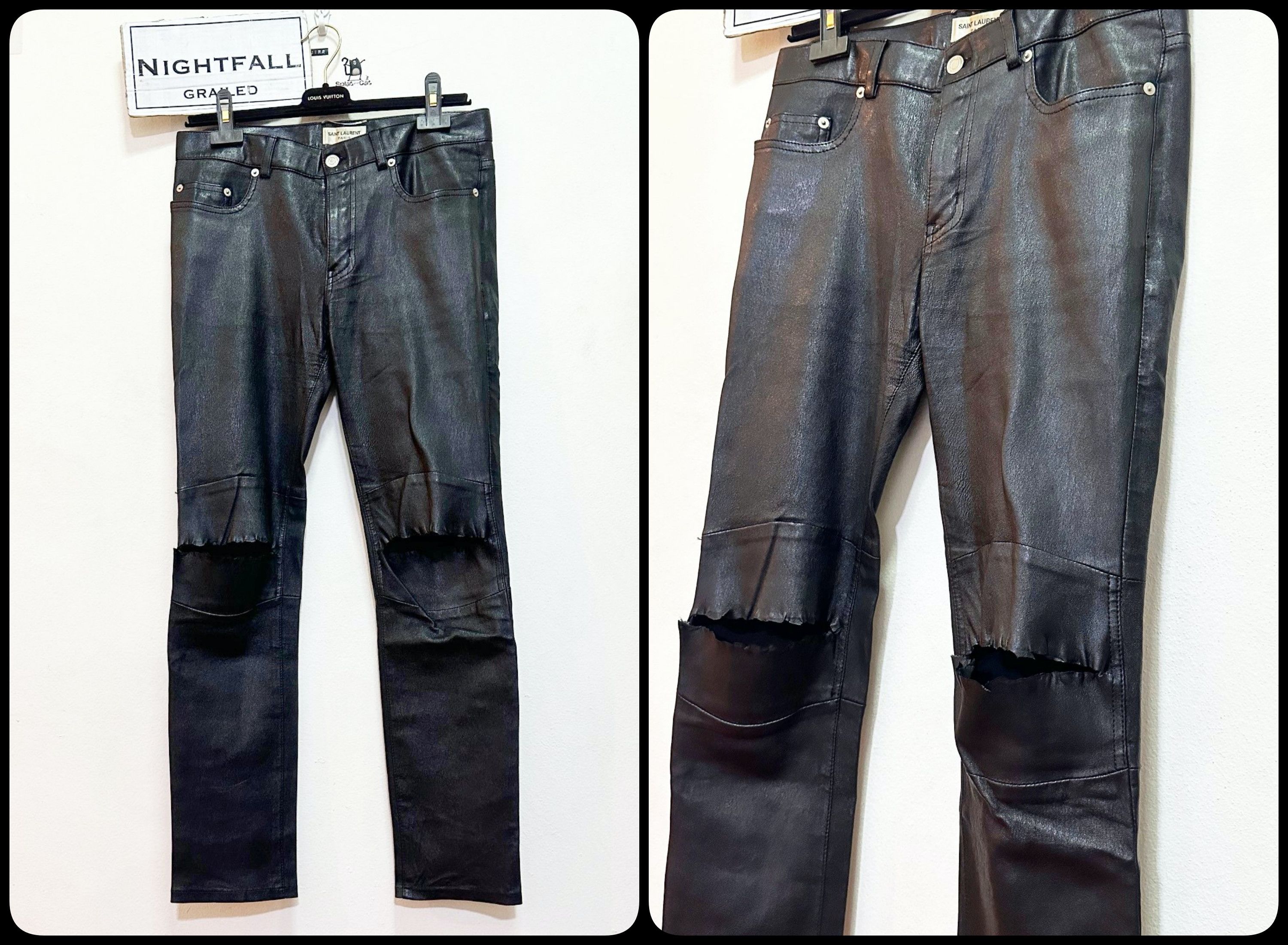 image of Saint Laurent Paris Saint Laurent Knee Ripped Leather Pants in Black, Men's (Size 30)