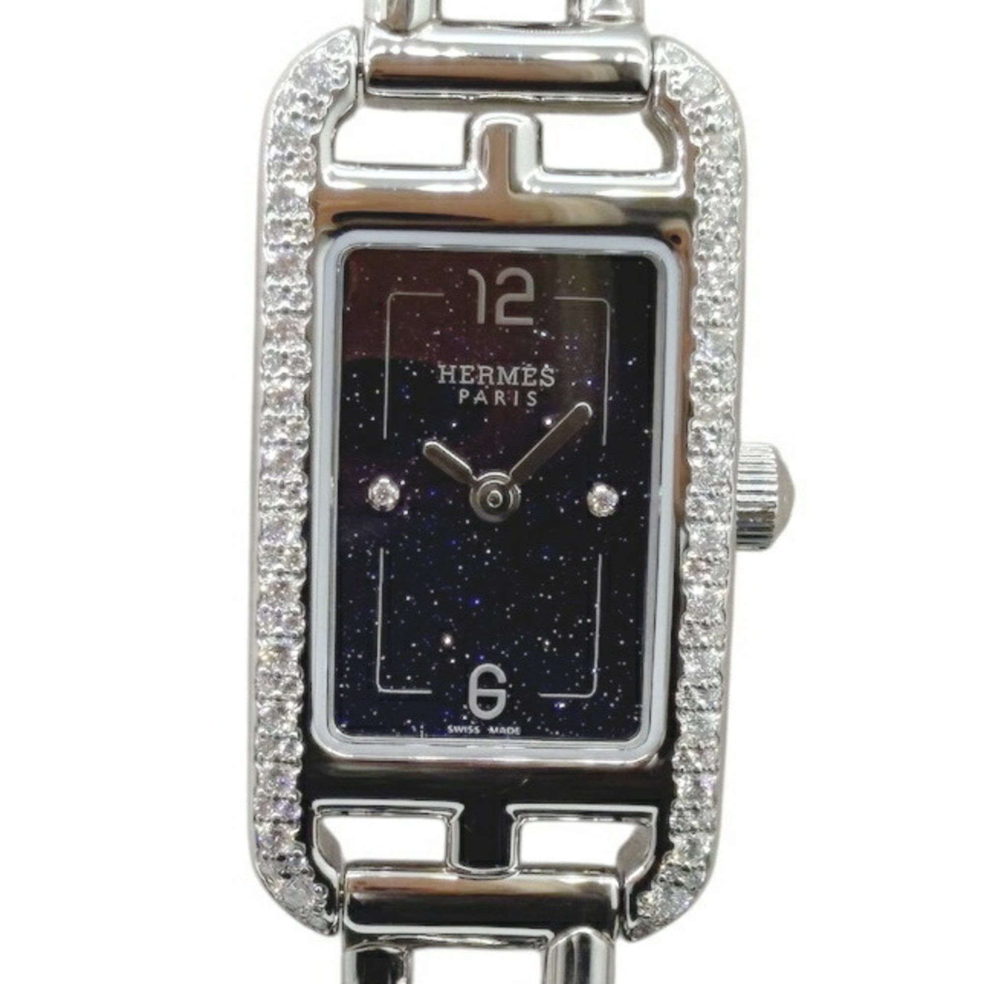 HERMES Nantucket PM Diamond Stainless Steel Aventurine Dial Navy Blue NA2.133 29mm Quartz Women's Watch