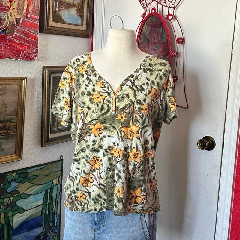 Other white stag green orange floral v neck shirt Size L / US 10 / IT 46 - 1 Thumbnail