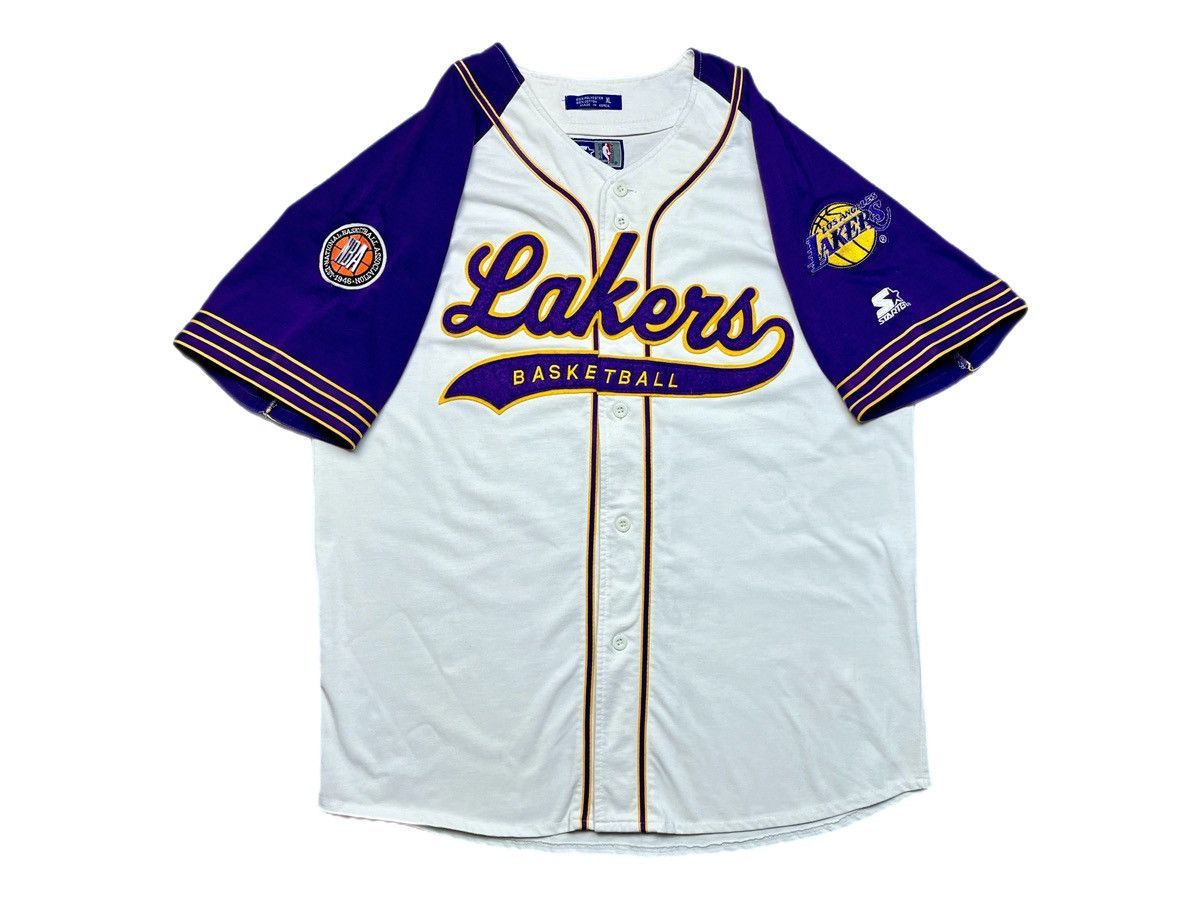 image of L A Lakers x NBA Vintage Los Angeles Lakers Starter Baseball Jersey in White Purple, Men's (Size XL