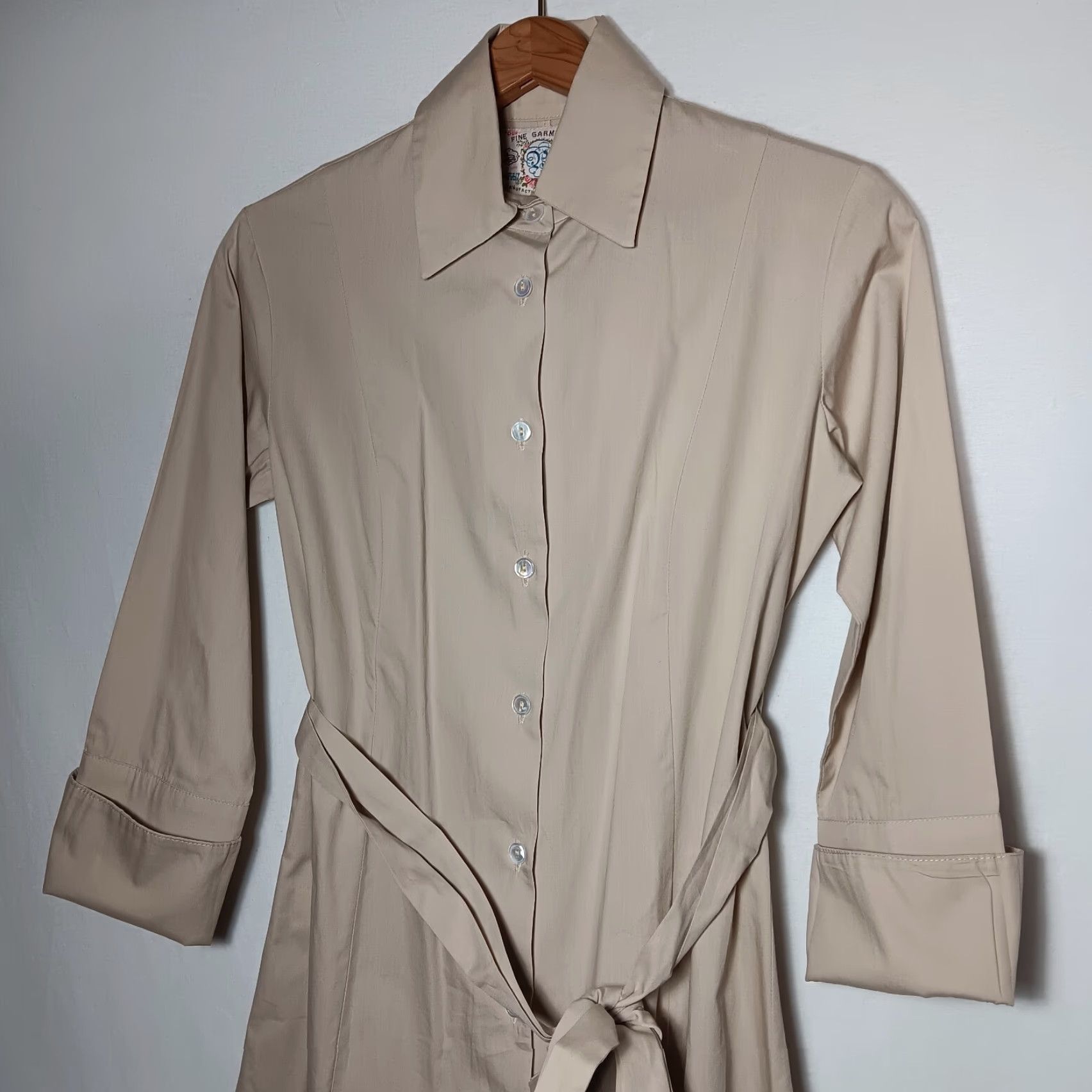 Bell Fine Garments by Bell Shirt Dress Casual Beige 0 Long Sleeve Button Belt Academic Minimalist Womens Dress Size XS / US 0-2 / IT 36-38 - 4 Thumbnail