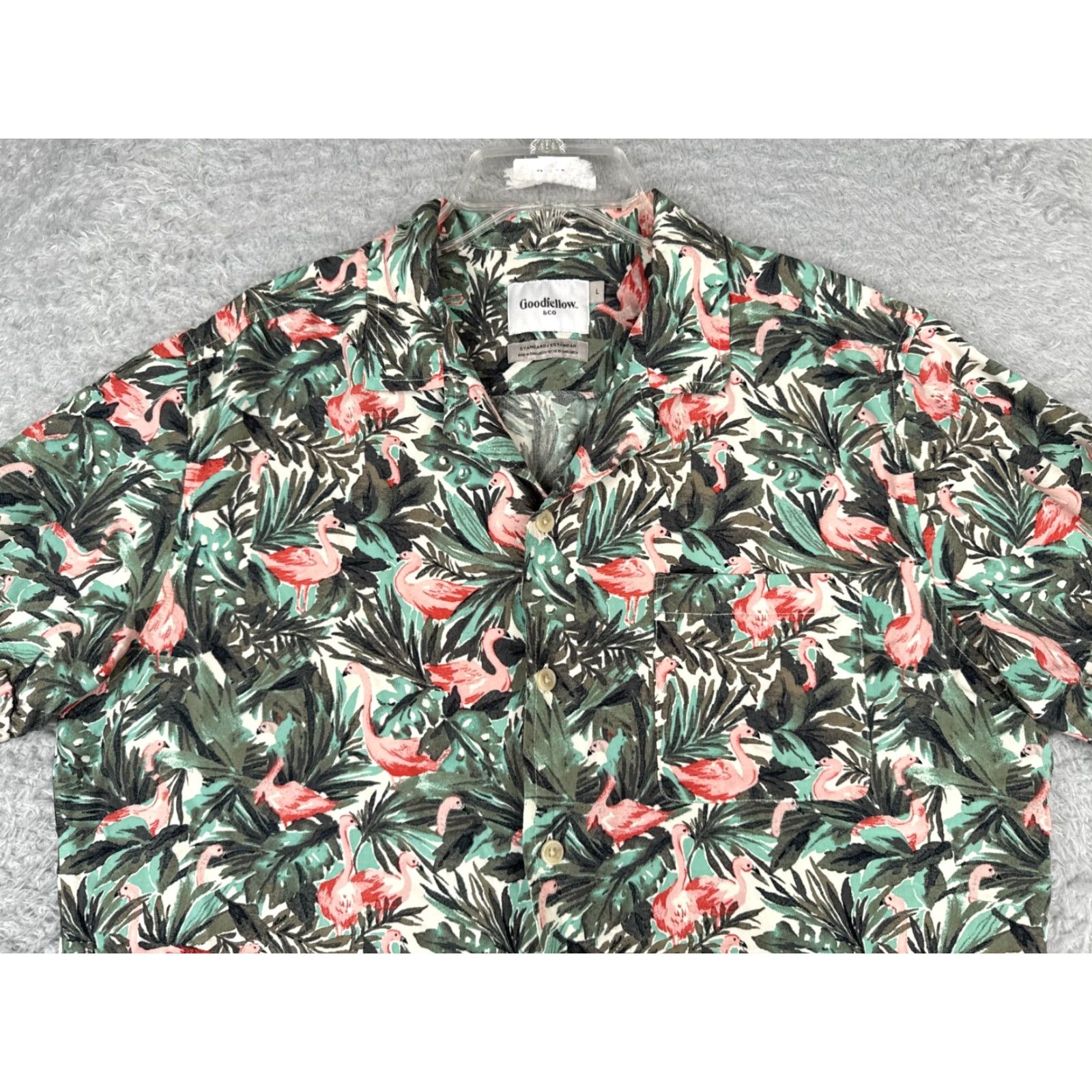 Vintage Goodfellow & Co Shirt Mens Large Green Pink Flamingo AOP Hawaiian Button Rayon Size US L / EU 52-54 / 3 - 4 Thumbnail