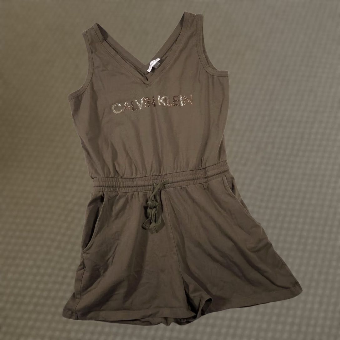Calvin Klein Calvin Klein Romper Womens M Olive Green V-Neck Rhinestone Logo Pockets Size 32" / US 10 / IT 46 - 1 Thumbnail