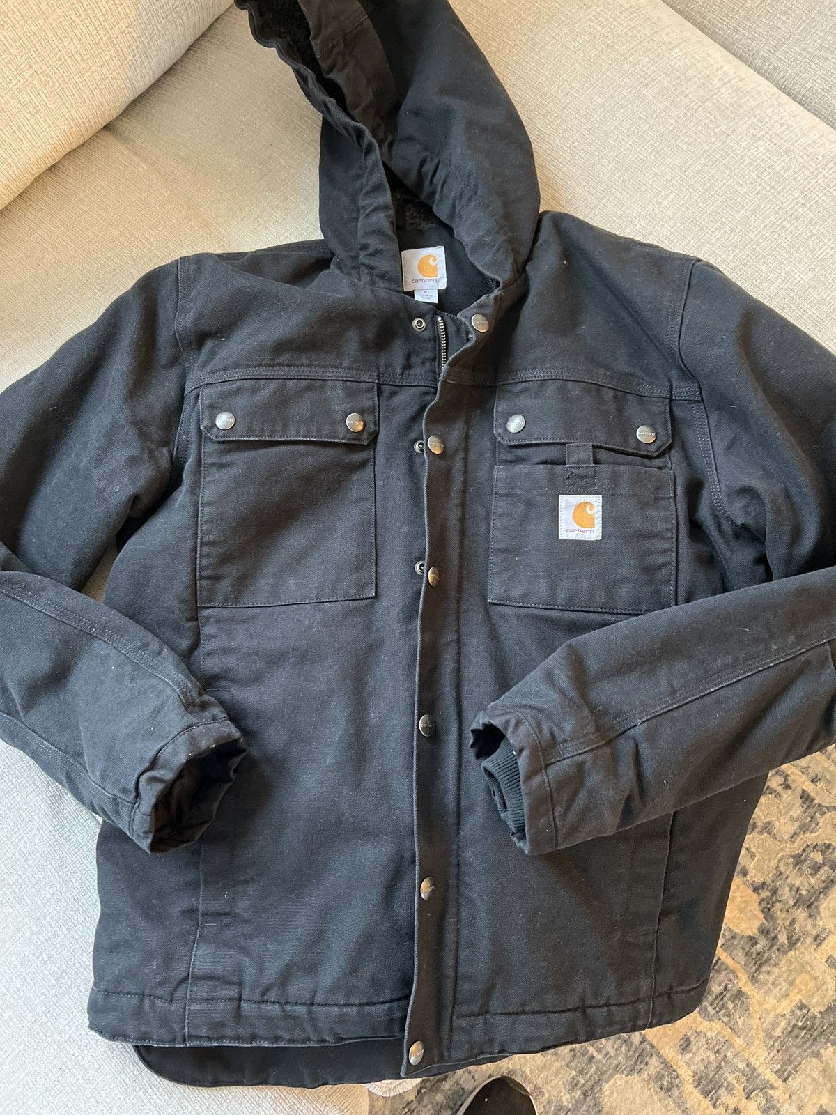 Image of Carhartt Black Denim And Sherpa Jacket, Men's (Size Small)