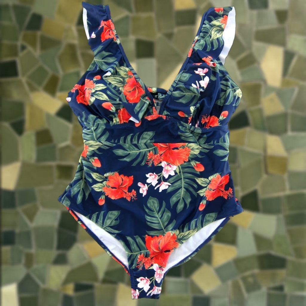 Vintage NWT Yeahill One Piece Swimsuit Navy Blue Orange Pink Tropical Floral Large Size ONE SIZE - 1 Thumbnail