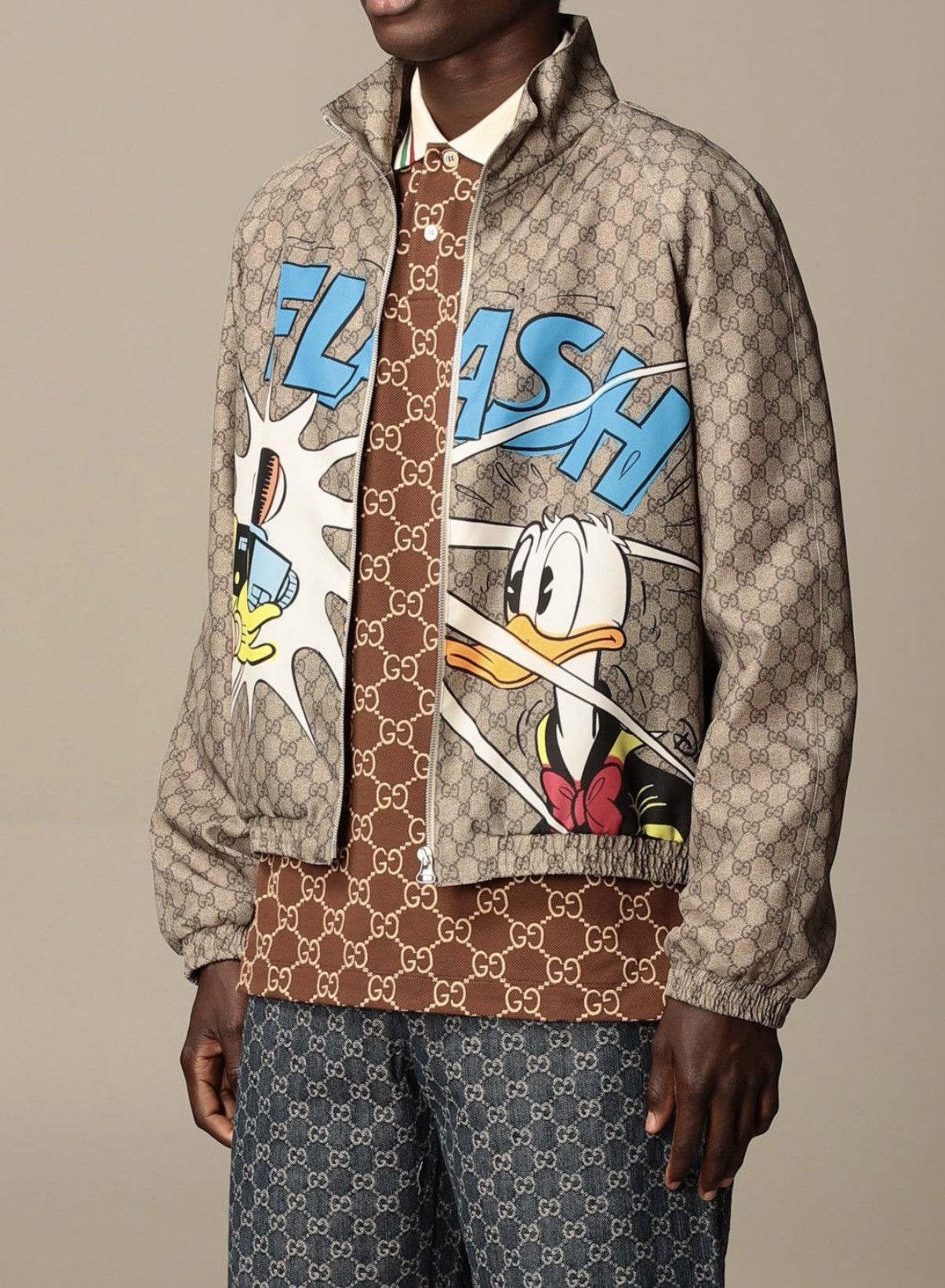 image of Disney X Gucci Donald Duck Flash Track Bomber Jacket in Brown, Men's (Size Small)