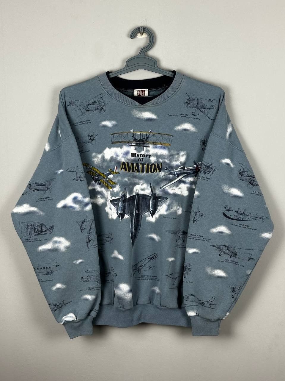 Vintage 90s AOP History Of Aviation USA Crewneck Sweatshirt