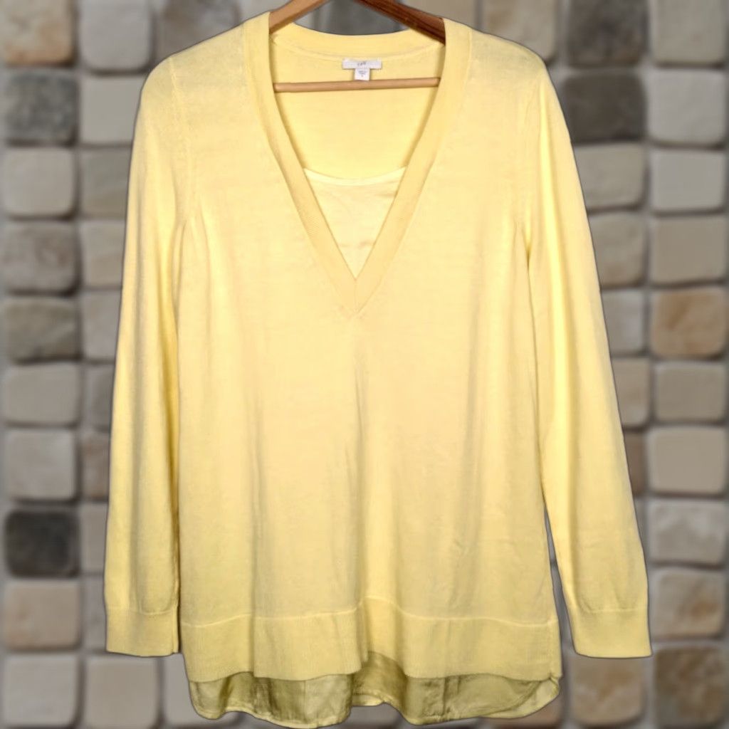 J. Jill J Jill Sweater Women Small V-Neck Yellow Knit Satin Layered Look Pullover Size S / US 4 / IT 40 - 1 Thumbnail