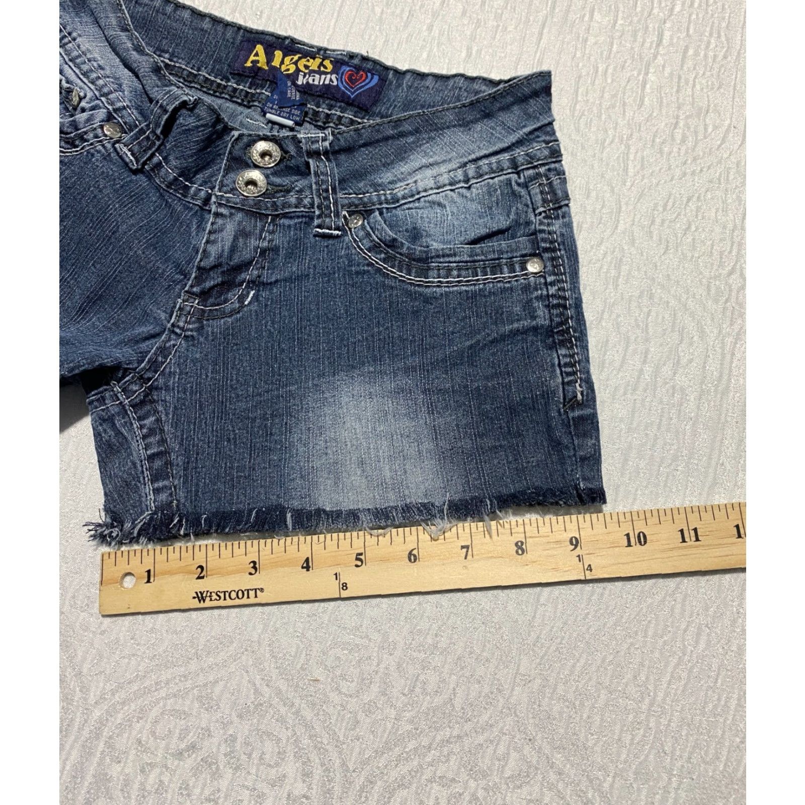Vintage Angels Jeans Shorts Juniors Sz 1 Blue Cut Off Denim Jorts Stretch Raw Hem Pockets Casual Summer Beach Womens Girls Mens Size 42" / US 20 - 8 Thumbnail