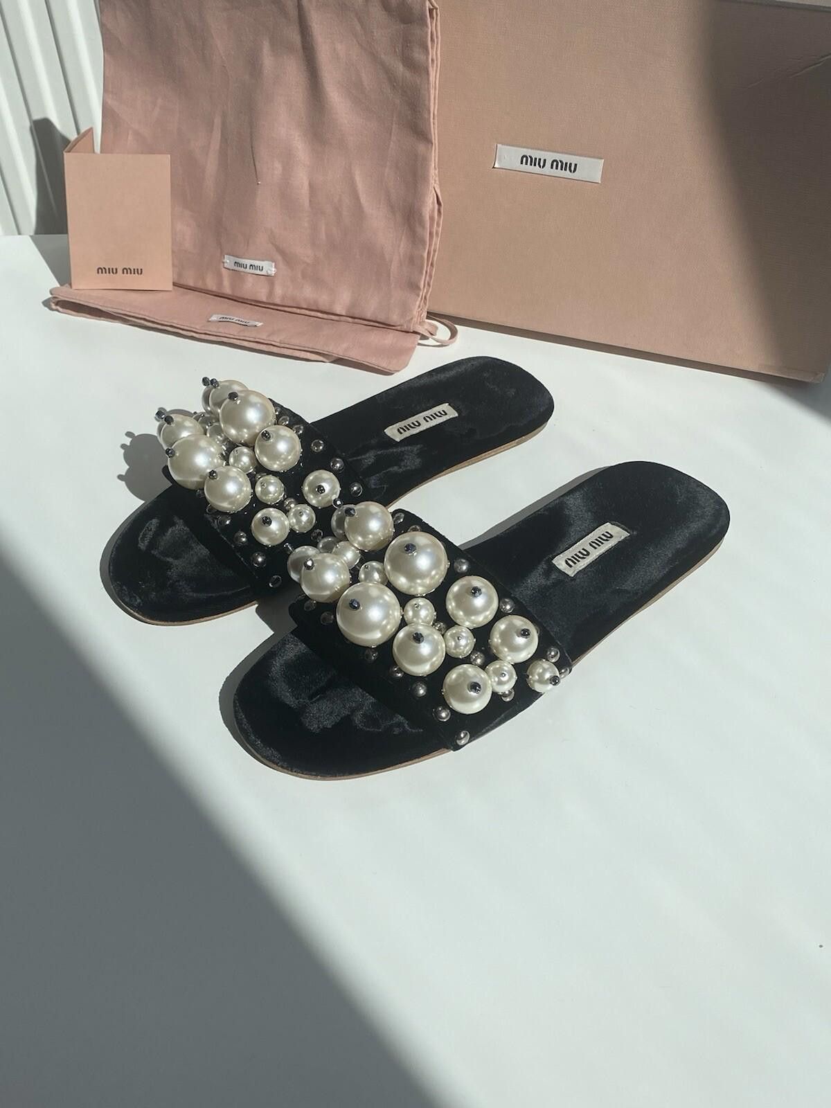Miu Miu Miu Miu Velvet Slide Flats Embellished Pearly Women US6.5 Size US 4 / IT 34 - 1 Thumbnail