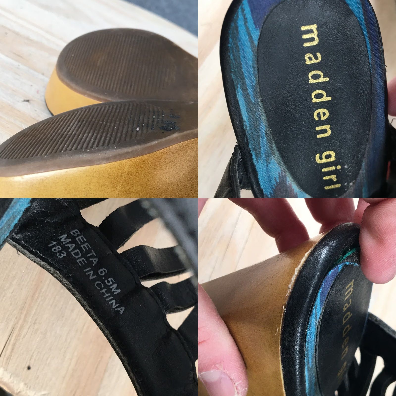Vintage Madden Girl Sandals Women's 6.5 M Beeta Gladiator Wedge Black Leather Lace Up Shoes Size US 7 / IT 37 - 9 Thumbnail