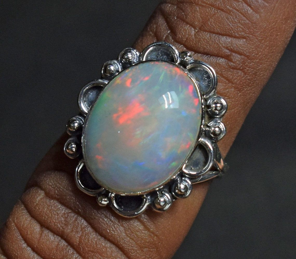 Handmade Natural Ethiopian Opal Ring 925K Silver Statement Ring Size ONE SIZE - 4 Thumbnail