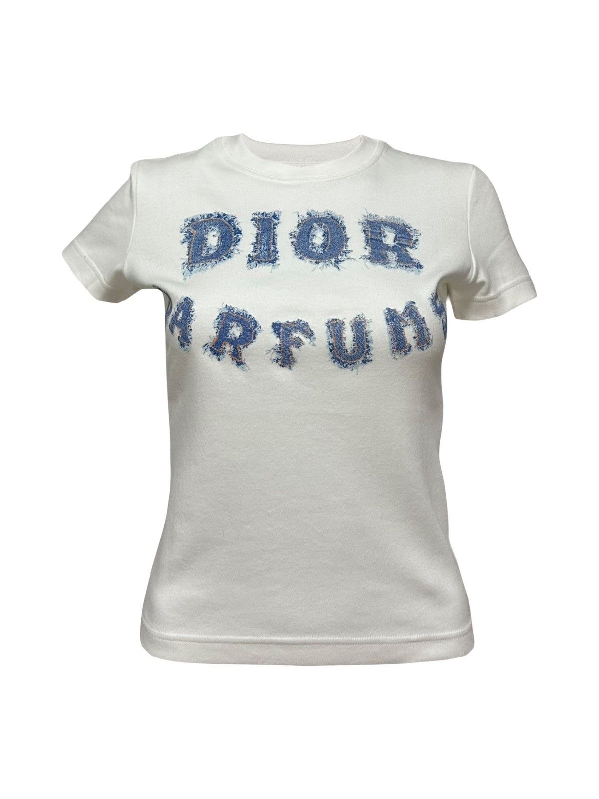 image of Christian Dior 2002 "Dior Parfums" Denim Look Logo T-Shirt in White, Women's (Size Small)