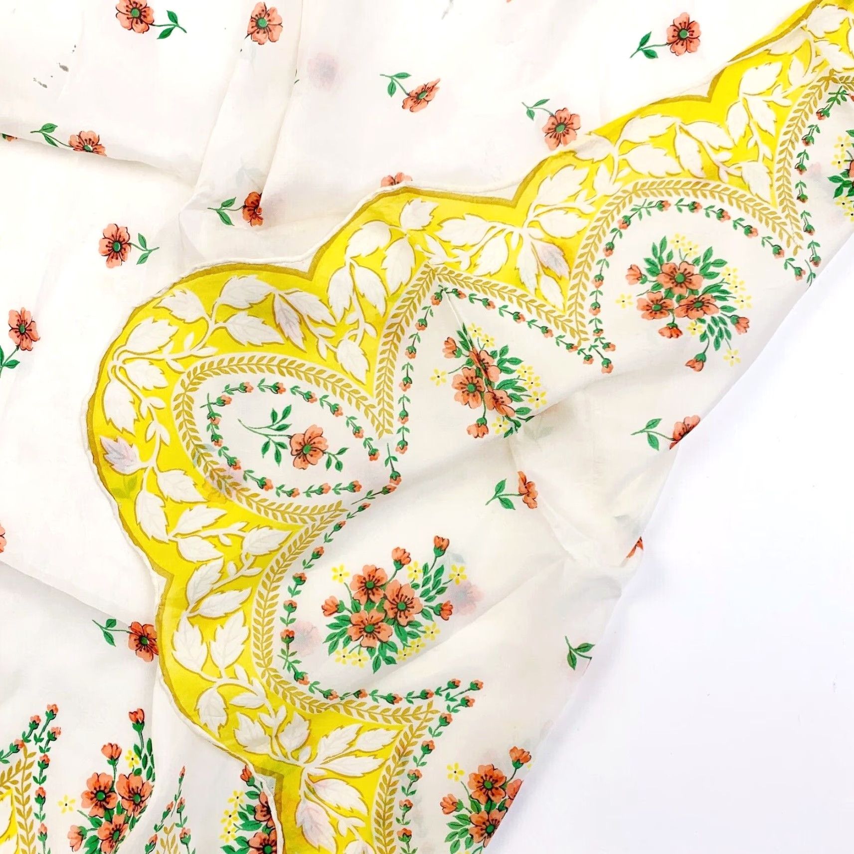 Vintage Vintage 1960s Scalloped Edge Floral Yellow Scarf 30" x 30" Nylon Women Square Silk-Like, Lightweight, Sheer Vintage Scarf, Womens Yellow Size ONE SIZE - 5 Thumbnail
