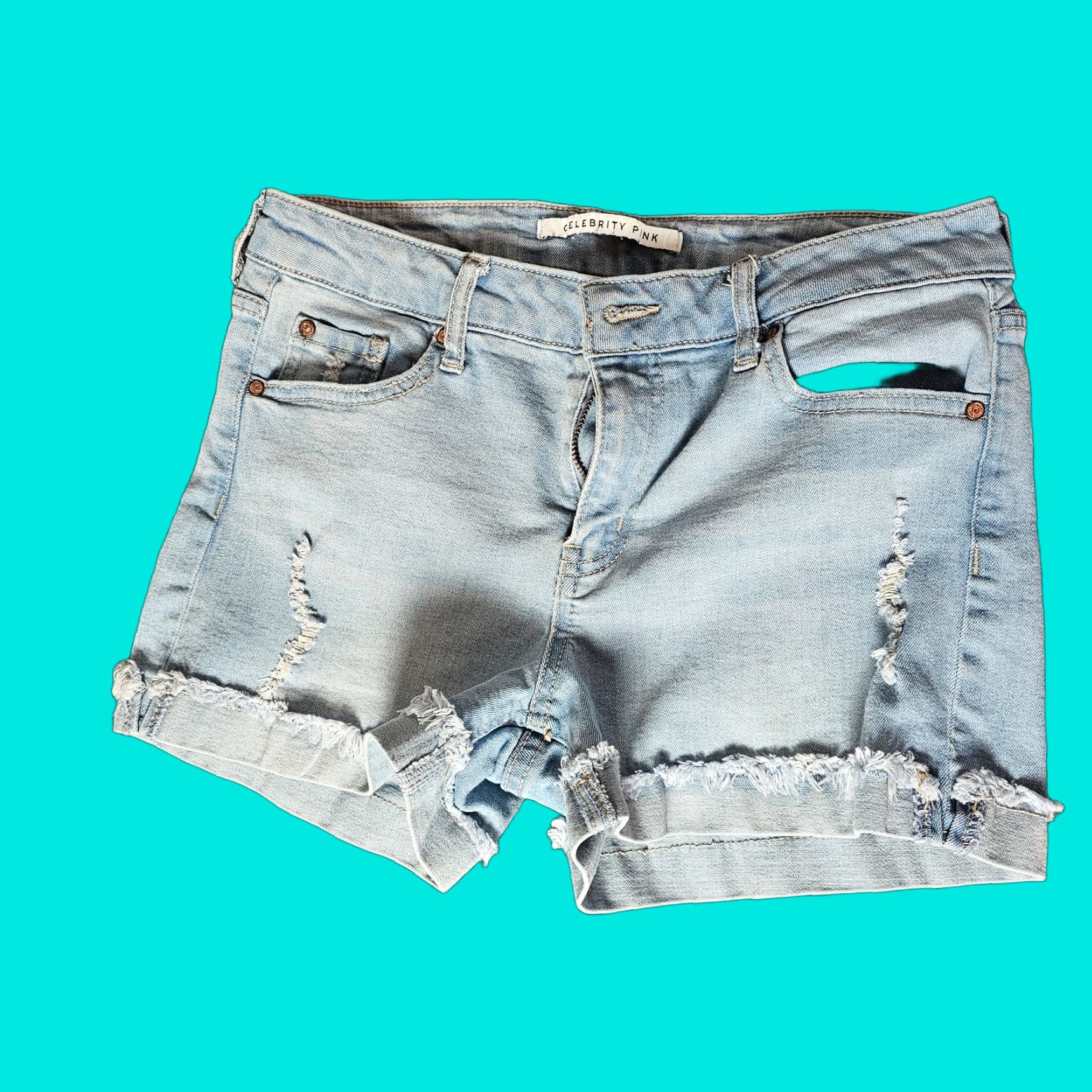 Vintage Celebrity Pink Shorts Womens 28 Blue Denim Mid Rise Casual Light Wash Cuffed 5-Pocket Design Summer Beach Walking Mens Womens Girls Size 28" / US 6 / IT 42 - 1 Thumbnail