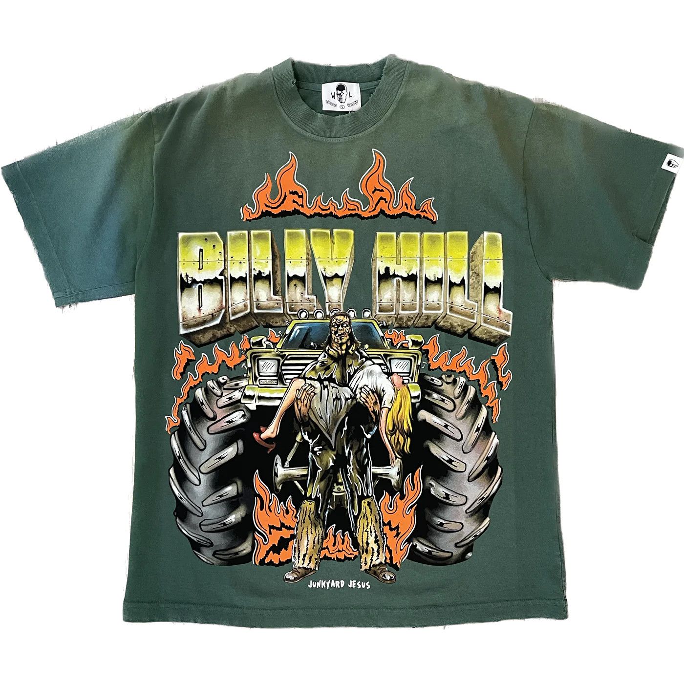 image of Billy Hill x Warren Lotas Junkyard Lady T-Shirt S in Green, Men's (Size Small)