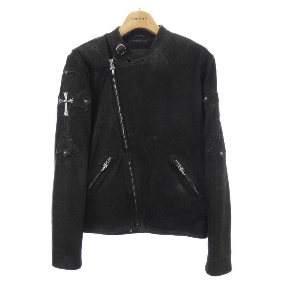 image of Chrome Hearts Destroyer Leather Lg Cross Biker Jacket in Black, Men's (Size Small)