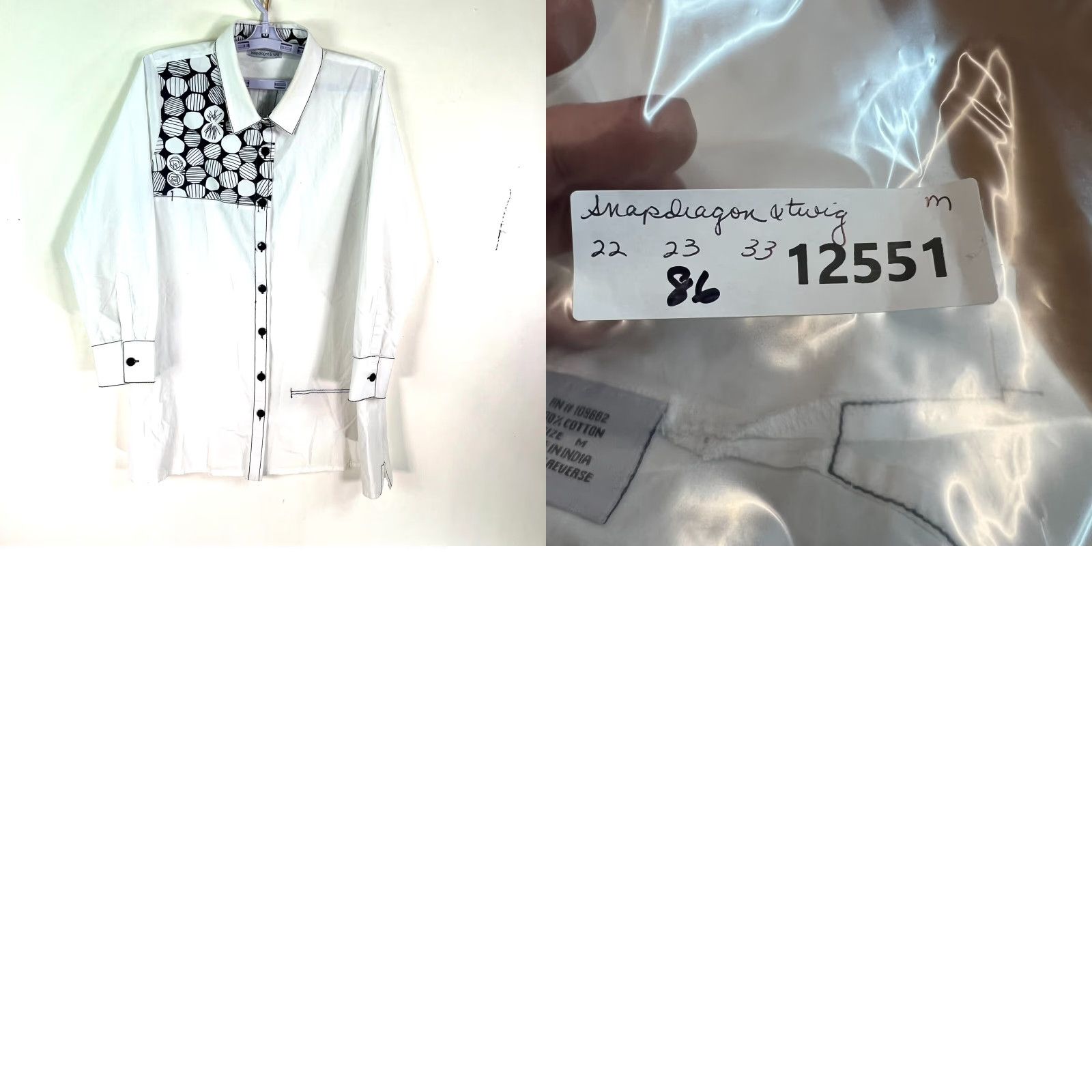 Vintage VINTAGE? No — Snapdragon & Twig Art Deco Button-Up Long Shirt Women M White Black Geometric Tunic Shirt Size M / US 6-8 / IT 42-44 - 8 Thumbnail