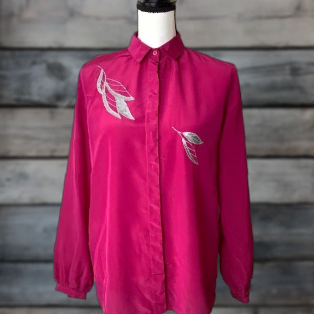 Pinko VINTAGE Blouse Pink 70s 80s Embroidered Button Up Long Sleeve Collared Polyester Medium Womens Retro Festival Hippe Size M / US 6-8 / IT 42-44 - 1 Thumbnail