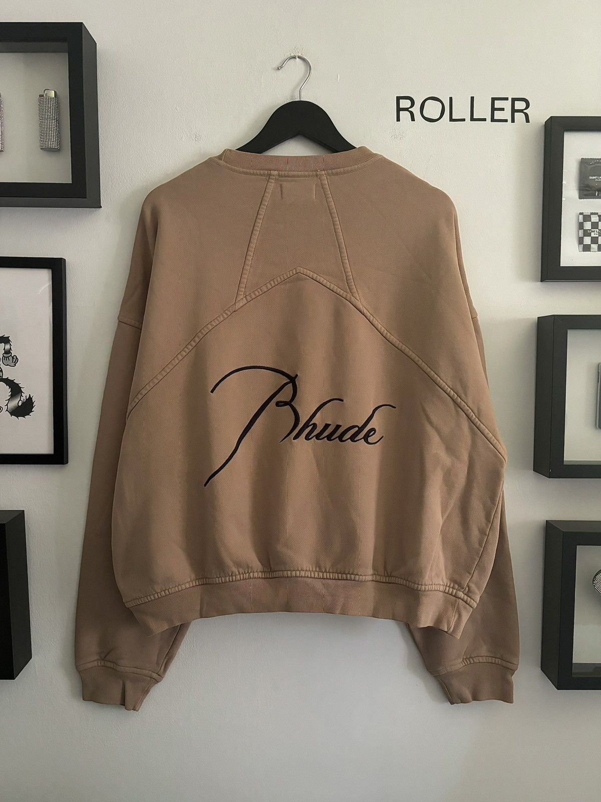 image of Rhude Thick Script Logo Crewneck in Taupe, Men's (Size Small)