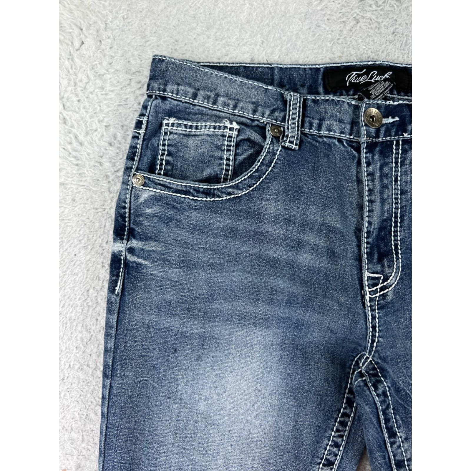 Vintage True Luck Jeans Womens 32 Blue Denim Straight Leg Bootcut 5-Pocket Embroidered Sequin Logo Size 24" / US 00 / IT 34 - 7 Thumbnail