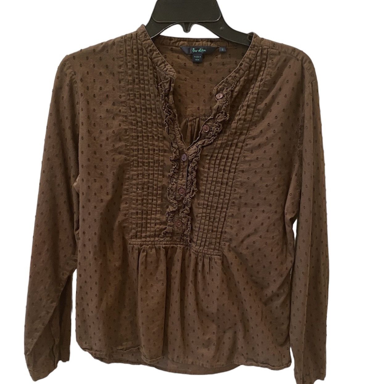 Boden Retro Boden Swiss Dot Ruffle Pleat Popover Button Down Brown Size XL / US 12-14 / IT 48-50 - 4 Thumbnail
