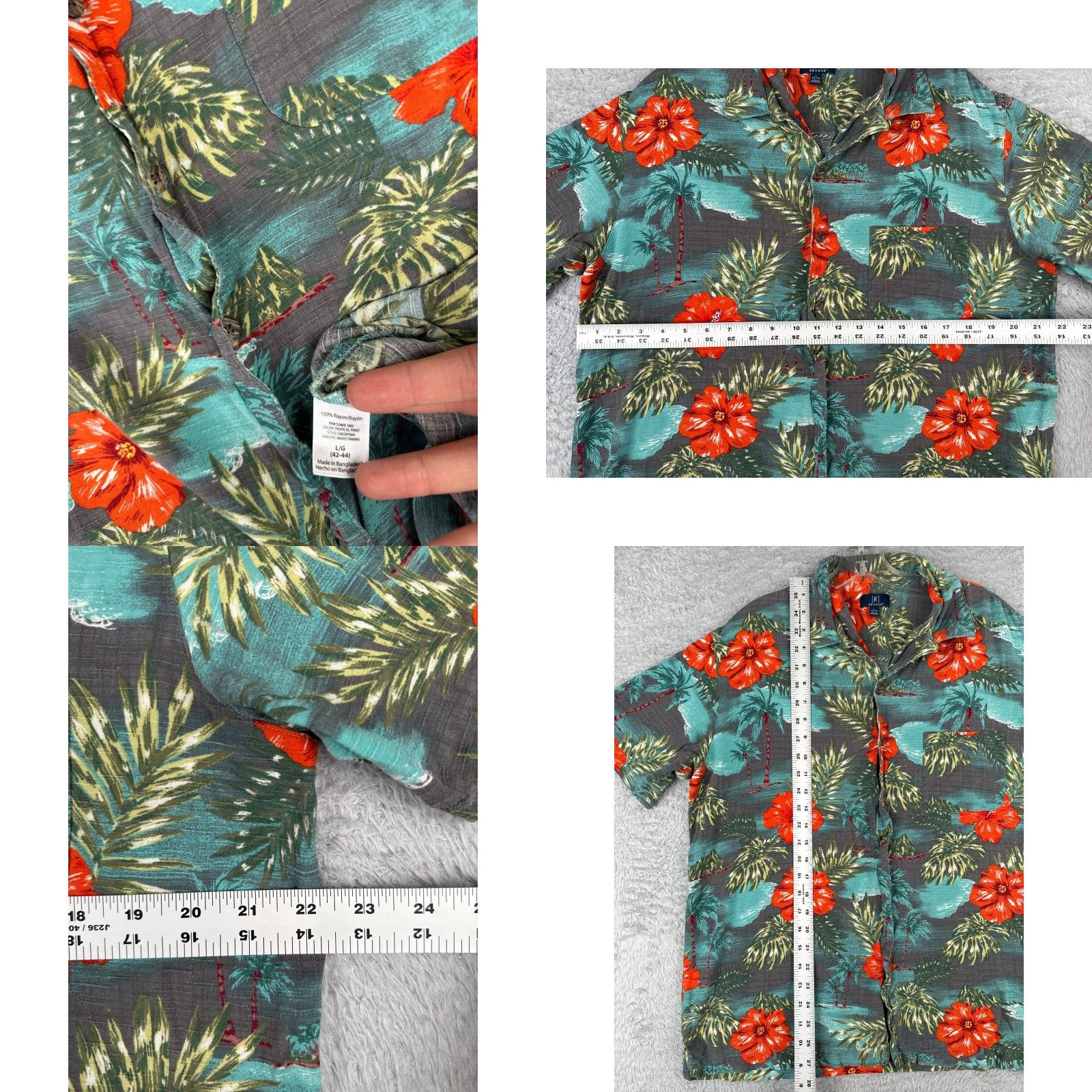 George George Button-Up Shirt Men Large Gray Blue Red Floral Palm Hawaiian 100% Rayon Read Size US L / EU 52-54 / 3 - 8 Thumbnail