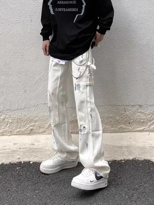 Jean White high street graffiti loose straight jeans Size US 32 / EU 48 - 3 Thumbnail