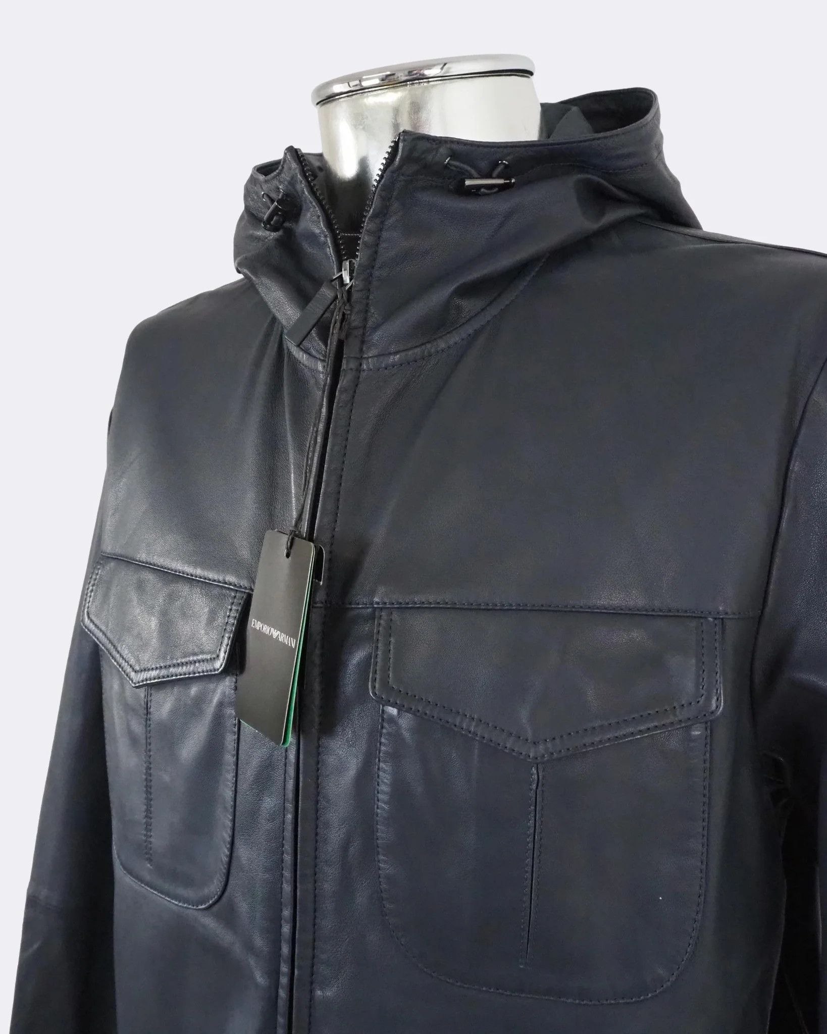 Emporio Armani Dark Blue Hooded Zip-Front Leather Jacket $1175 Size US M / EU 48-50 / 2 - 6 Thumbnail