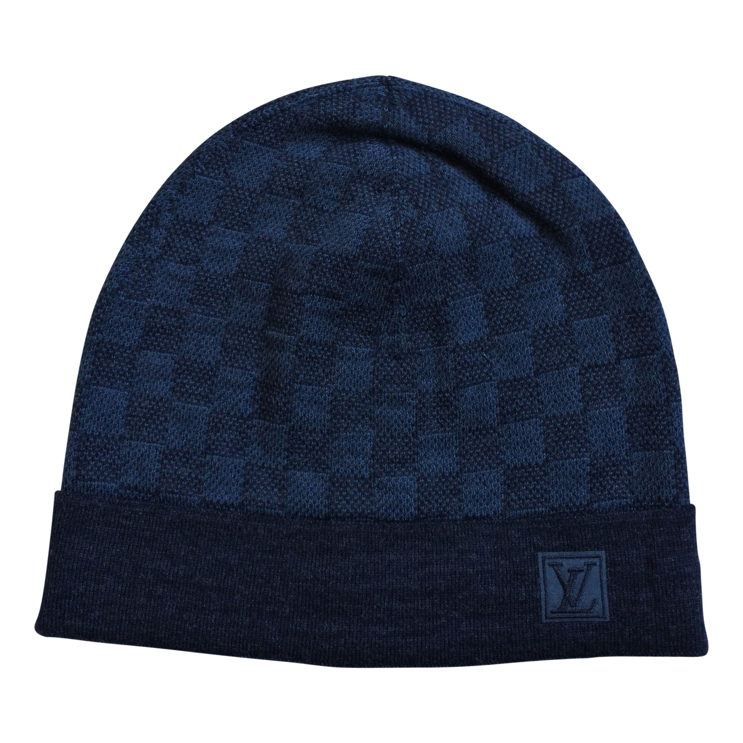 image of Louis Vuitton Damier Initiales Beanie Hat in Graphite Black, Men's