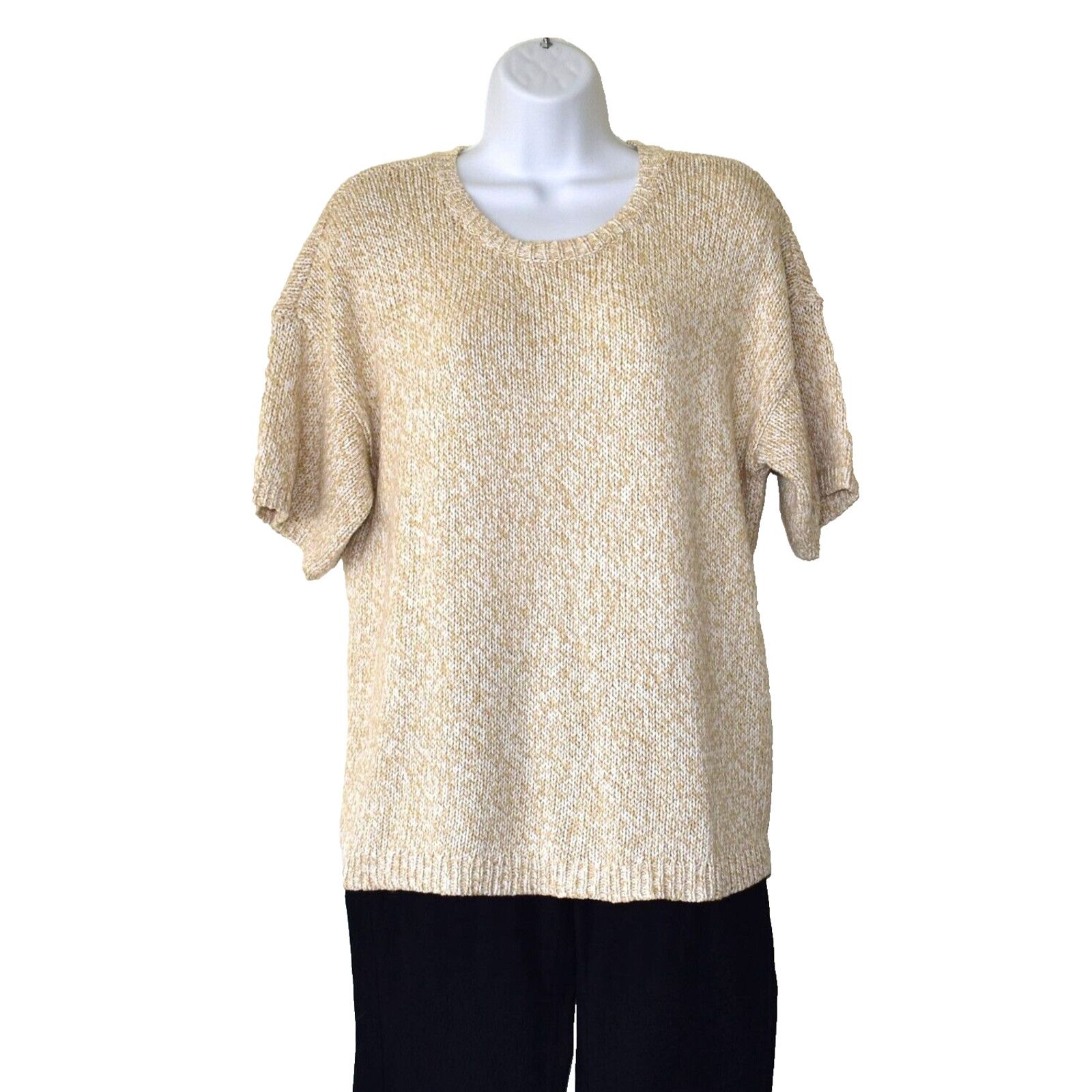 Eileen Fisher EILEEN FISHER Tan/White Cable Knit Organic Cotton Top Sz L Size L / US 10 / IT 46 - 1 Thumbnail