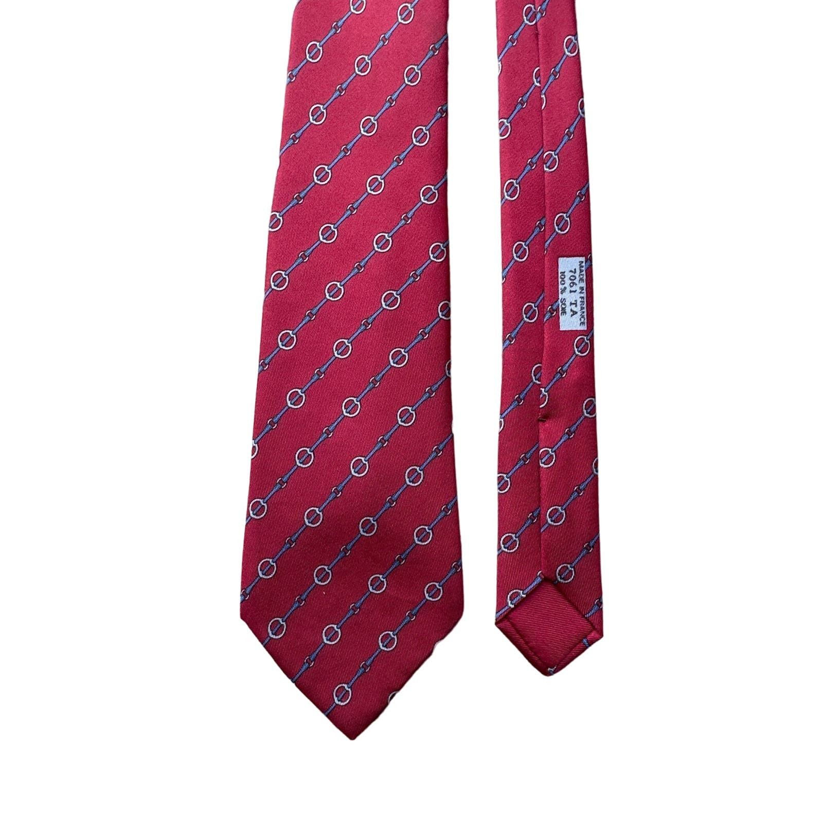 HERMÈS Vintage Red and Blue Chain Link Stirrups Silk Tie