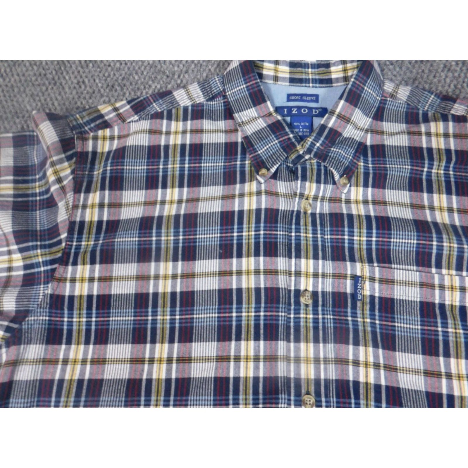 Izod IZOD Shirt Button-Up Mens Large Blue Plaid Short Sleeve Classic Collar Down Casual Regular Button-Navy Blue, Cotton, Knit, Breathable, Vintage: No Size US L / EU 52-54 / 3 - 5 Thumbnail