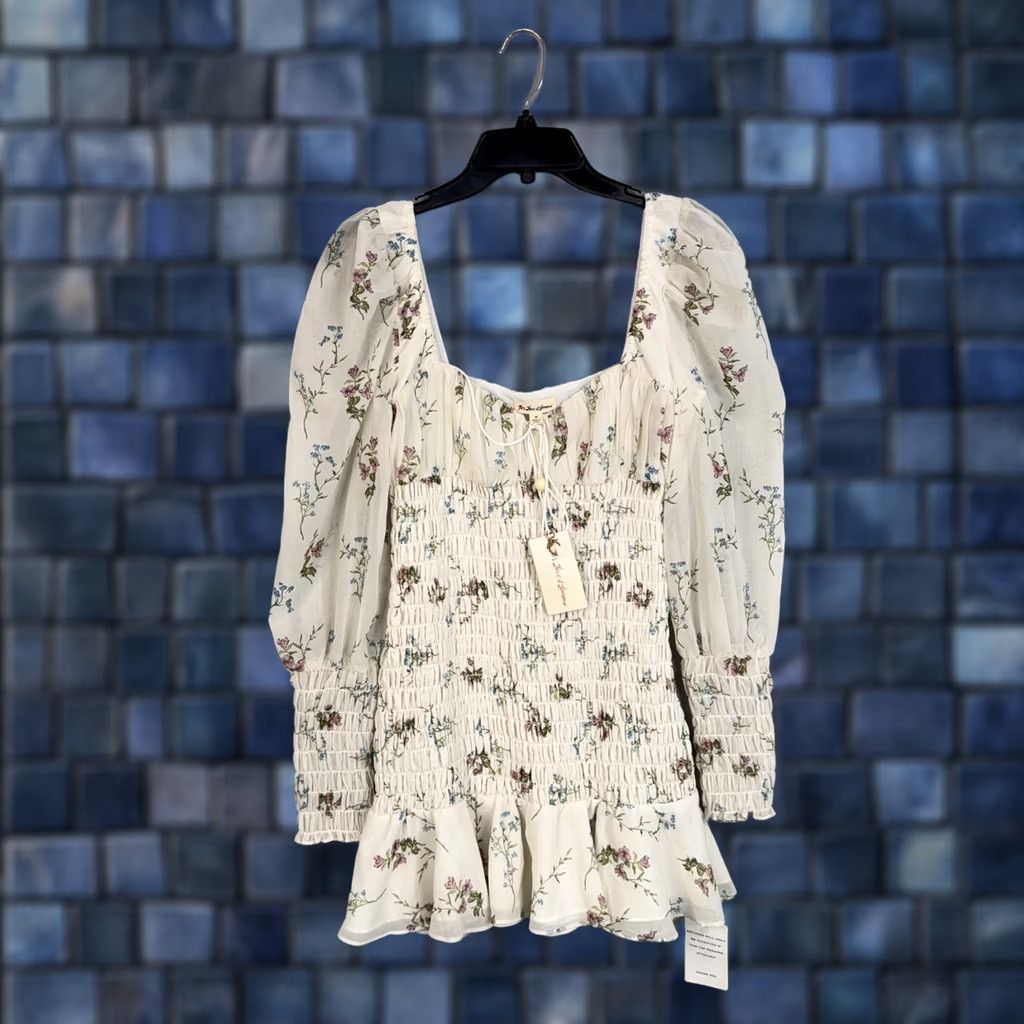 For Love & Lemons For Love & Lemons Dress Womens Medium White Floral Smocked Mini Puff Sleeve NWT Size M / US 6-8 / IT 42-44 - 1 Thumbnail