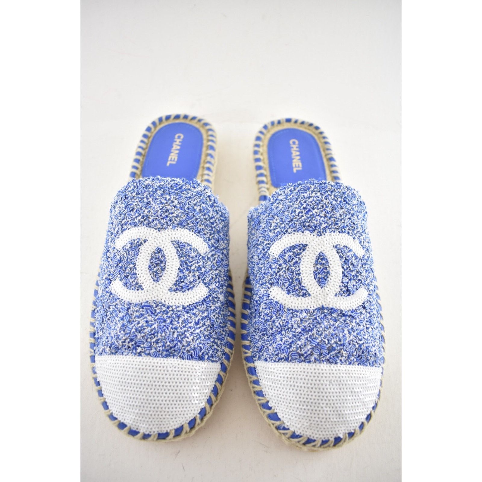 Chanel Chanel 24P Blue Tweed White Sequin CC Logo Backless Size US 10 / IT 40 - 4 Thumbnail