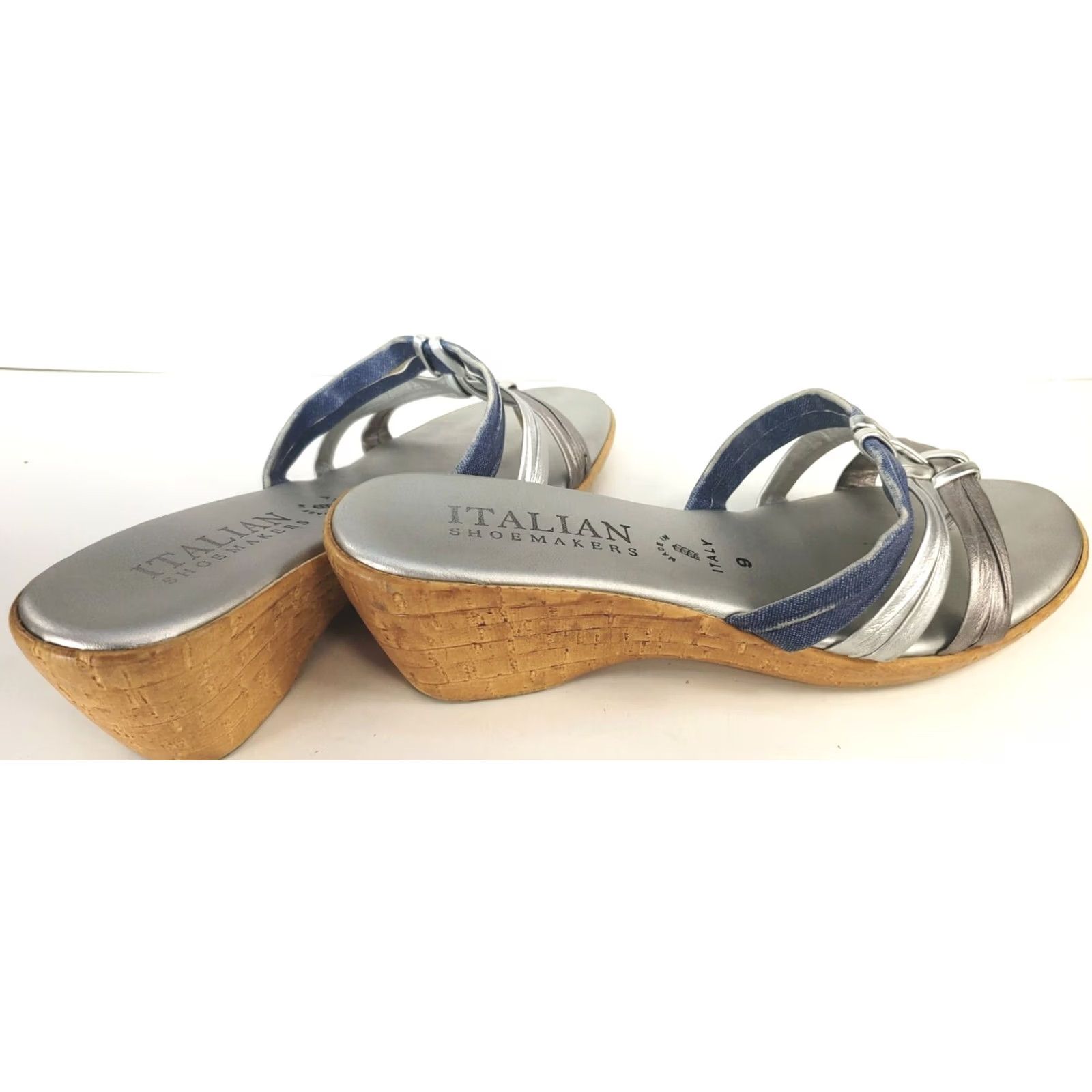 Vintage ITALIAN Shoemaker Denim Silver Wedge Slide Sandal Silver Tone Accent Sz 9 Size US 9 / IT 39 - 4 Thumbnail