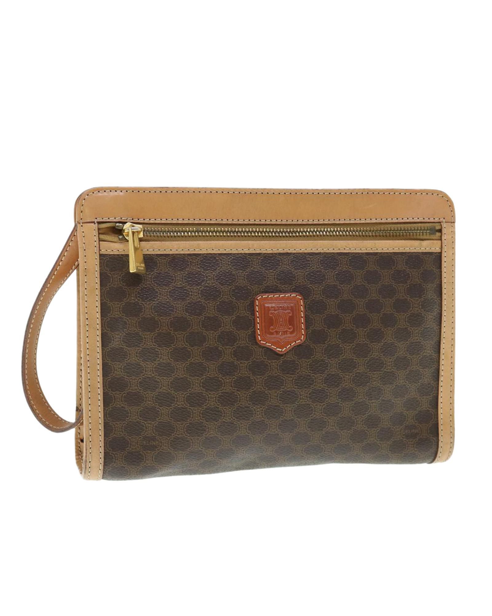image of Celine Sophisticated Brown Canvas Clutch Handbag With Macadam Print, Women's