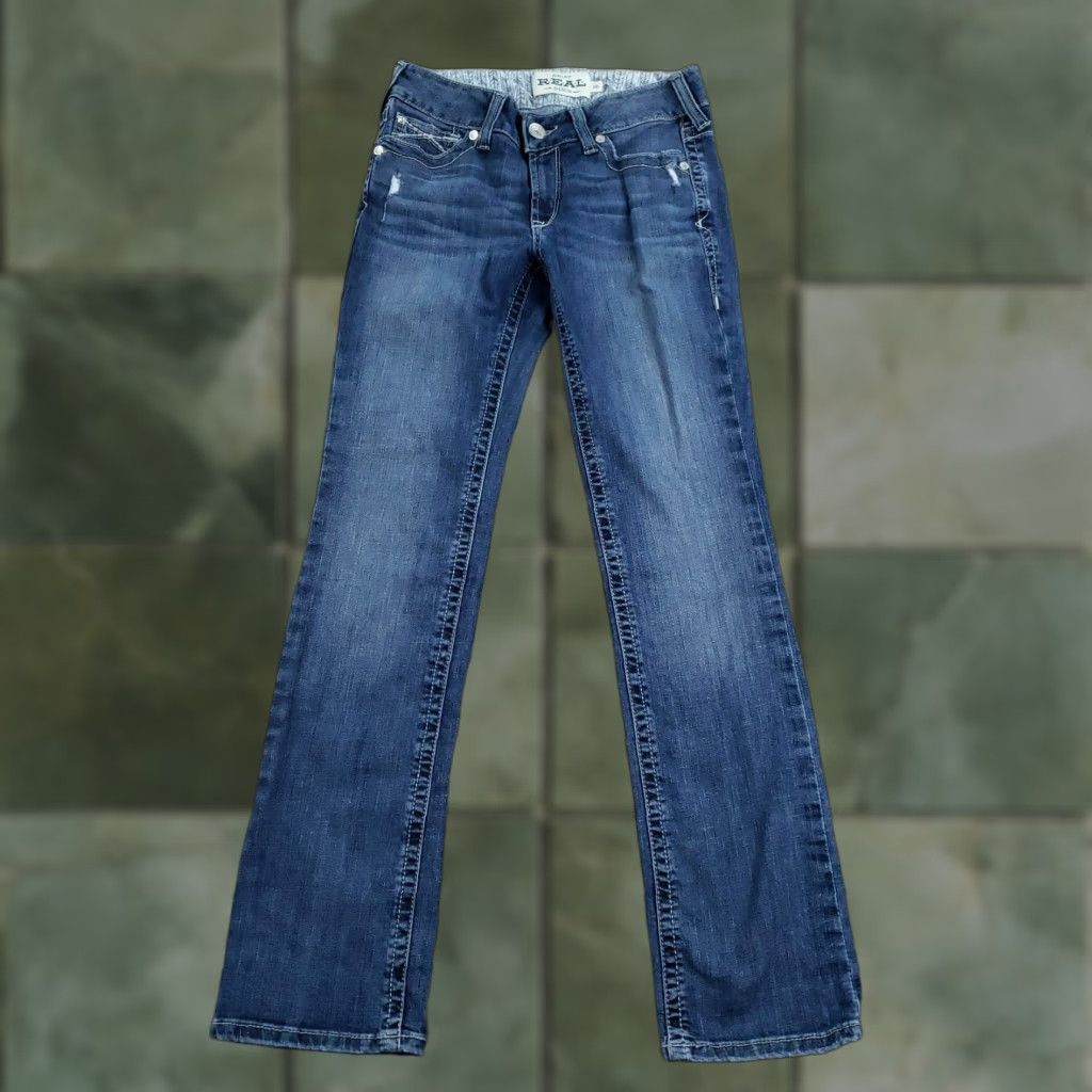 Ariat REAL Jeans Womens 28 Blue Arrow Mr Straight Stretch Denim Mid Rise 32 Inseam Jeans Womens