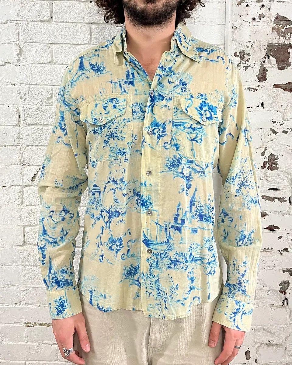 Dolce & Gabbana SS2004 Dolce & Gabbana Blue Floral Print Cream Shirt Size US L / EU 52-54 / 3 - 2 Thumbnail