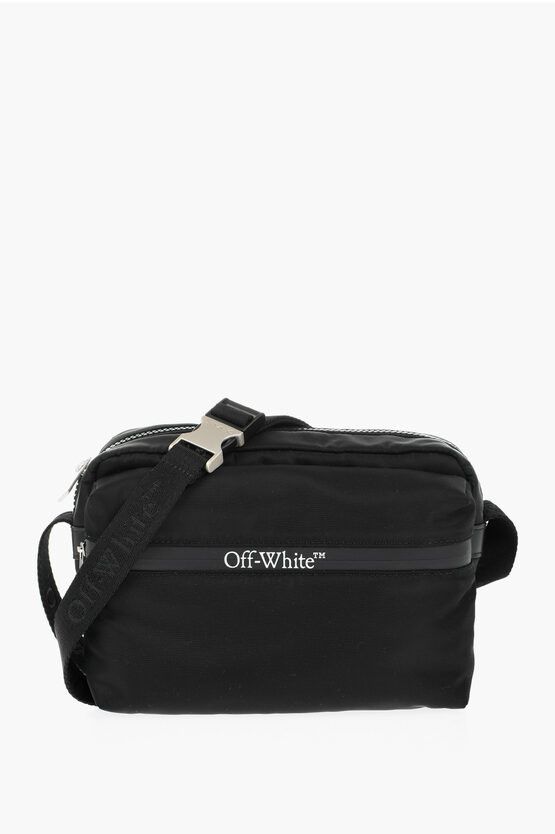 Off White Solid Color Nylon Camera Bag in Black, Men's