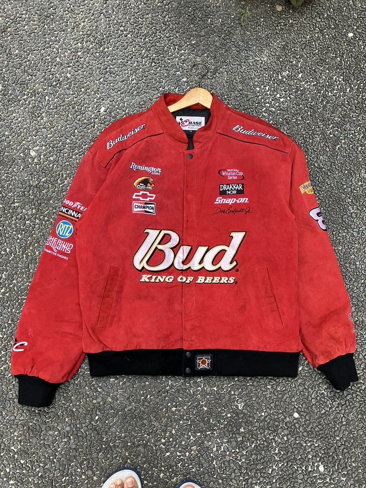 Image of Corvette x Leather Jacket Vintage Nascar Budweiser Suede Jacket By Jh Designs in Red (Size 2XL)