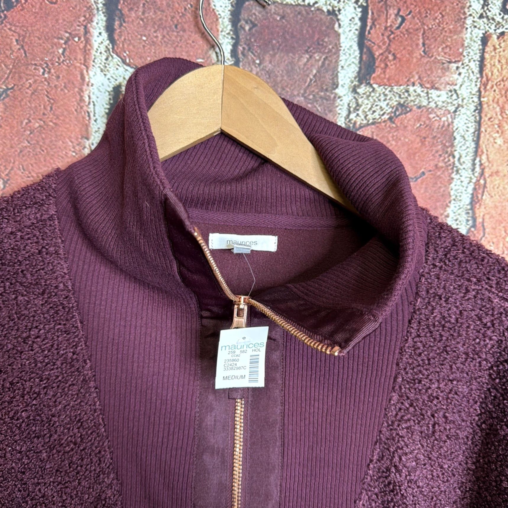 Vintage Maurices Womens Pullover Sweatshirt 1/4 Zip Mock Neck Long Sleeve Activewear M NWT Red Maroon Sherpa 100% Polyester Fleece Zipper Size M / US 6-8 / IT 42-44 - 2 Thumbnail
