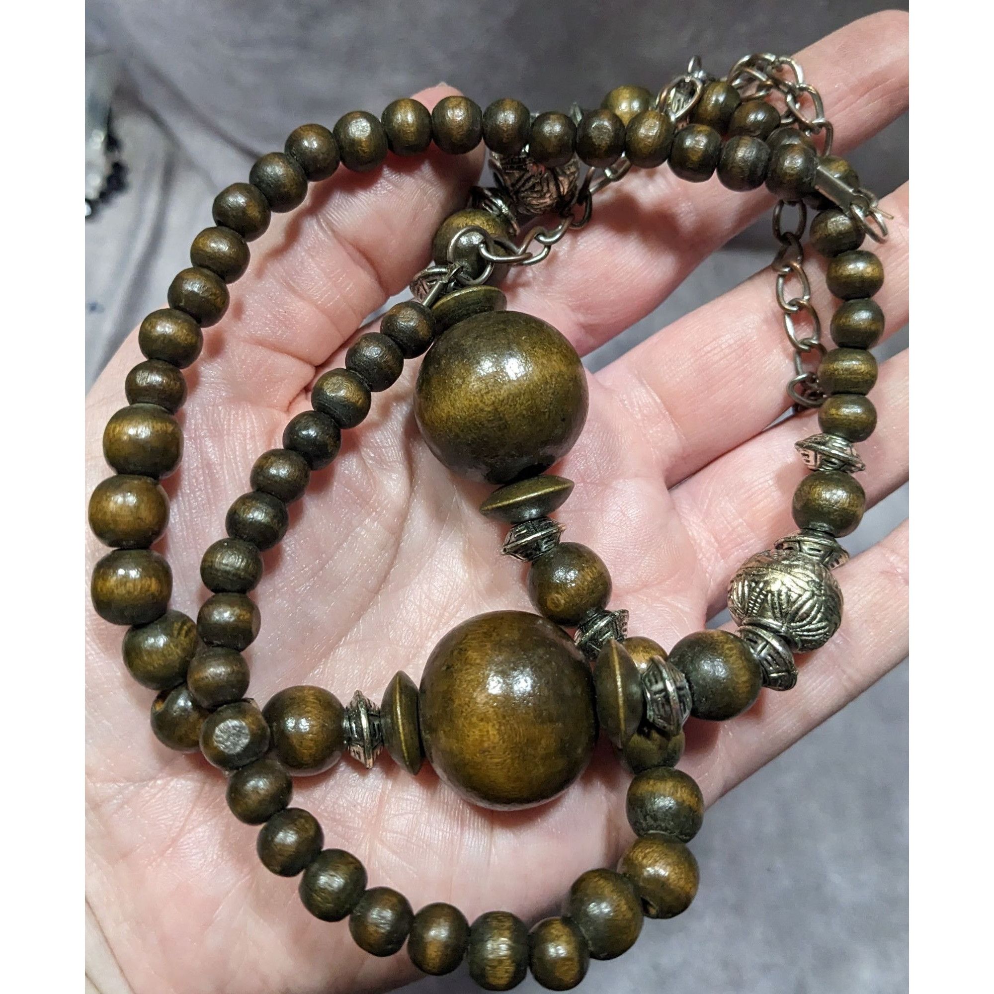 Other Vintage Wooden Beaded Necklace With Silver-Tone Accents & Ad Size ONE SIZE - 4 Thumbnail