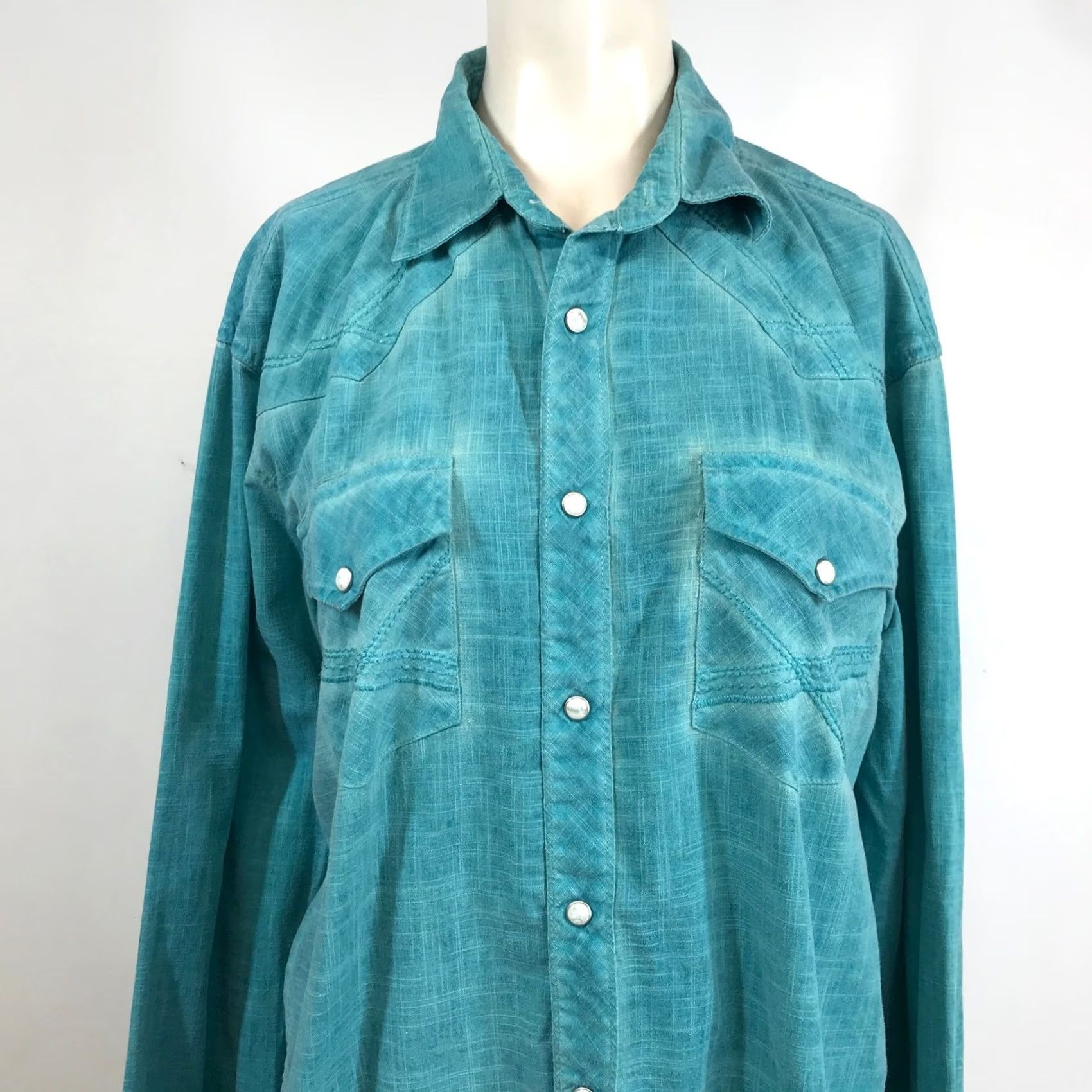 Wrangler Wrangler 20X Men's Turquoise Slub Cotton Western Snap Shirt Medium Size US M / EU 48-50 / 2 - 2 Thumbnail