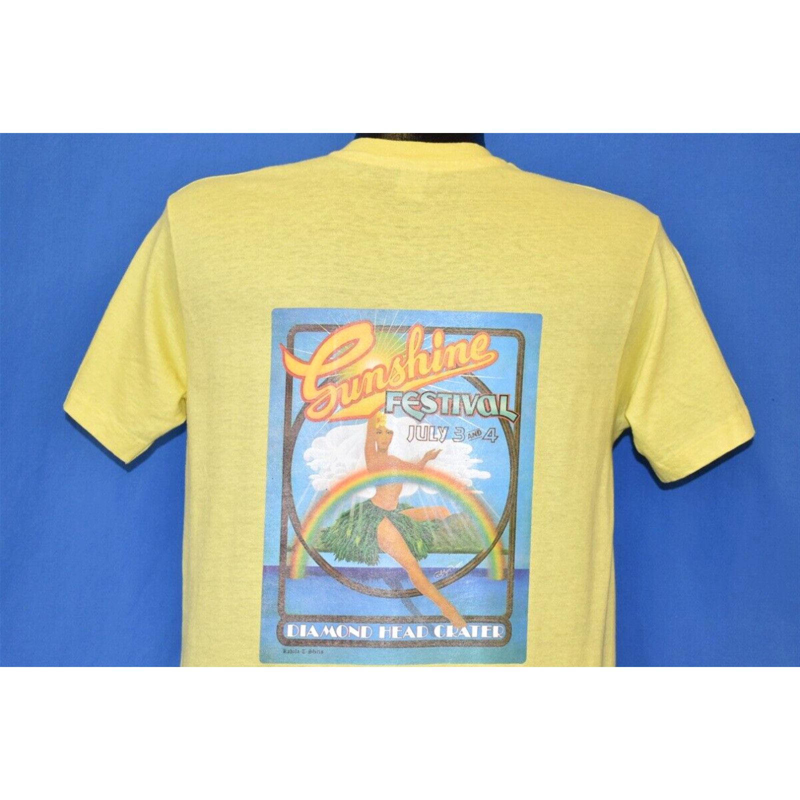 image of Hanes VTG 70's Sunshine Festival Hawaii 1977 Diamond Head Rainbow Hula Pocket T-Shirt S in White (S