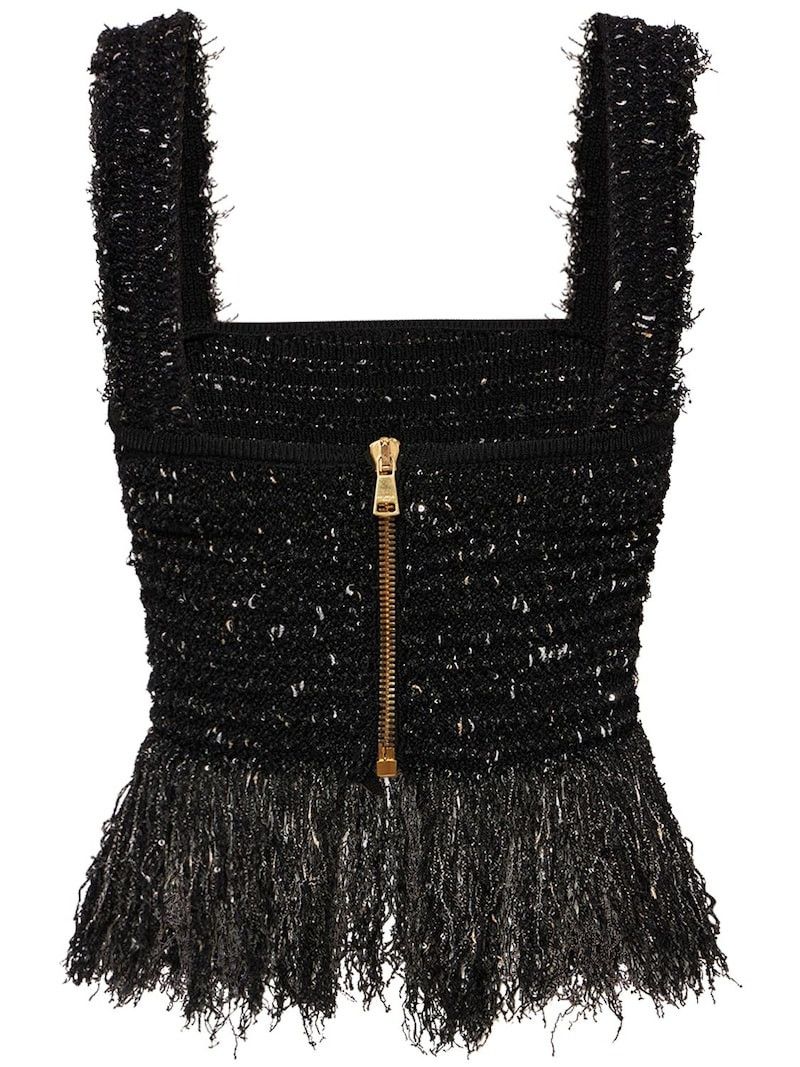Balmain o1s1wg110825 Glittered Tweed Square Neck Top in Black Size S / US 4 / IT 40 - 2 Thumbnail