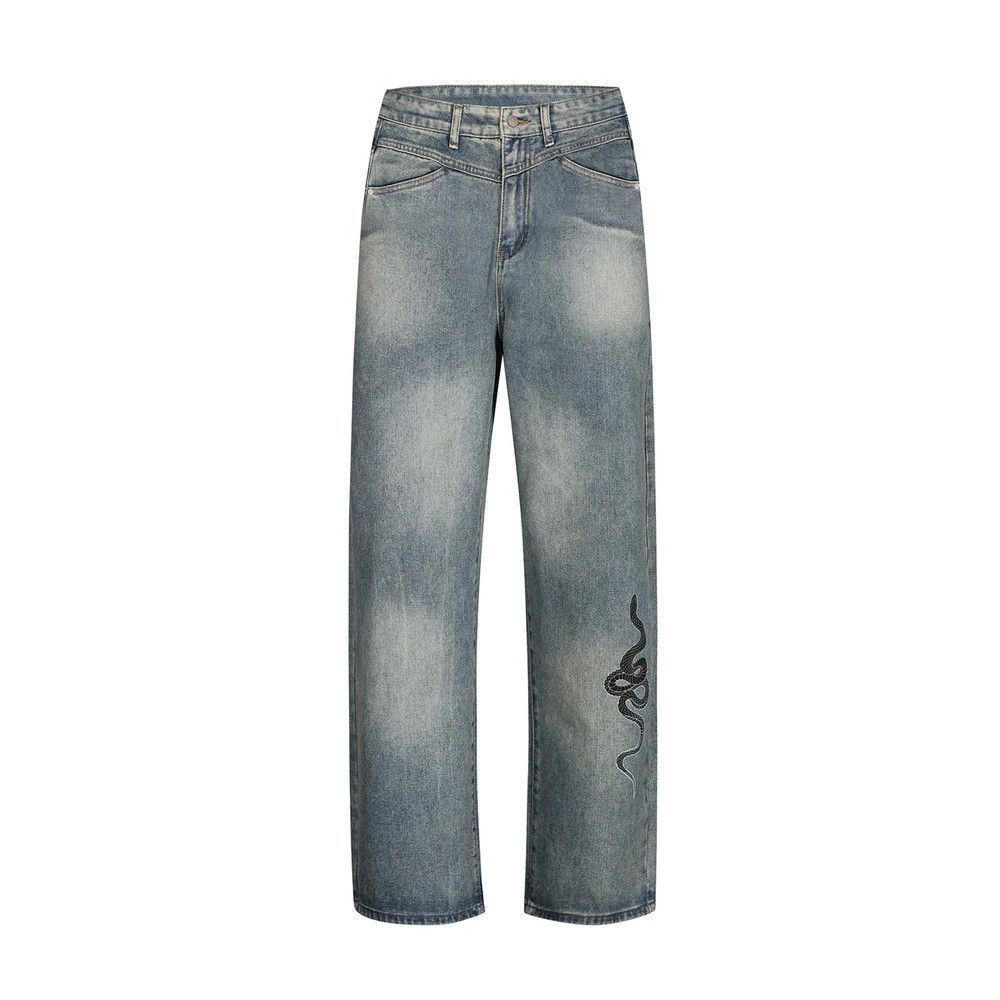 American style washed distressed men's printed snake jeans