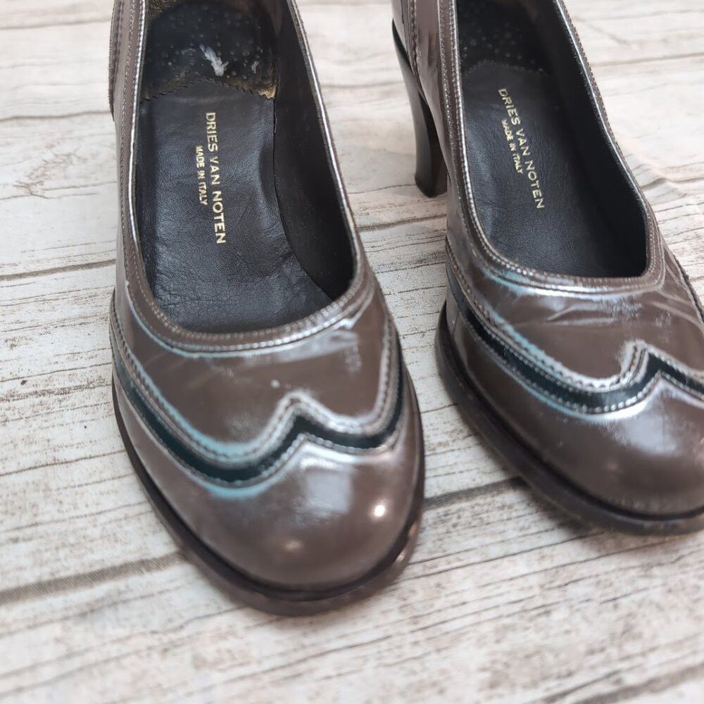 Dries Van Noten Dries Van Noten Brown and Silver Patent Almond Toe Pumps Wo Size US 7 / IT 37 - 9 Thumbnail