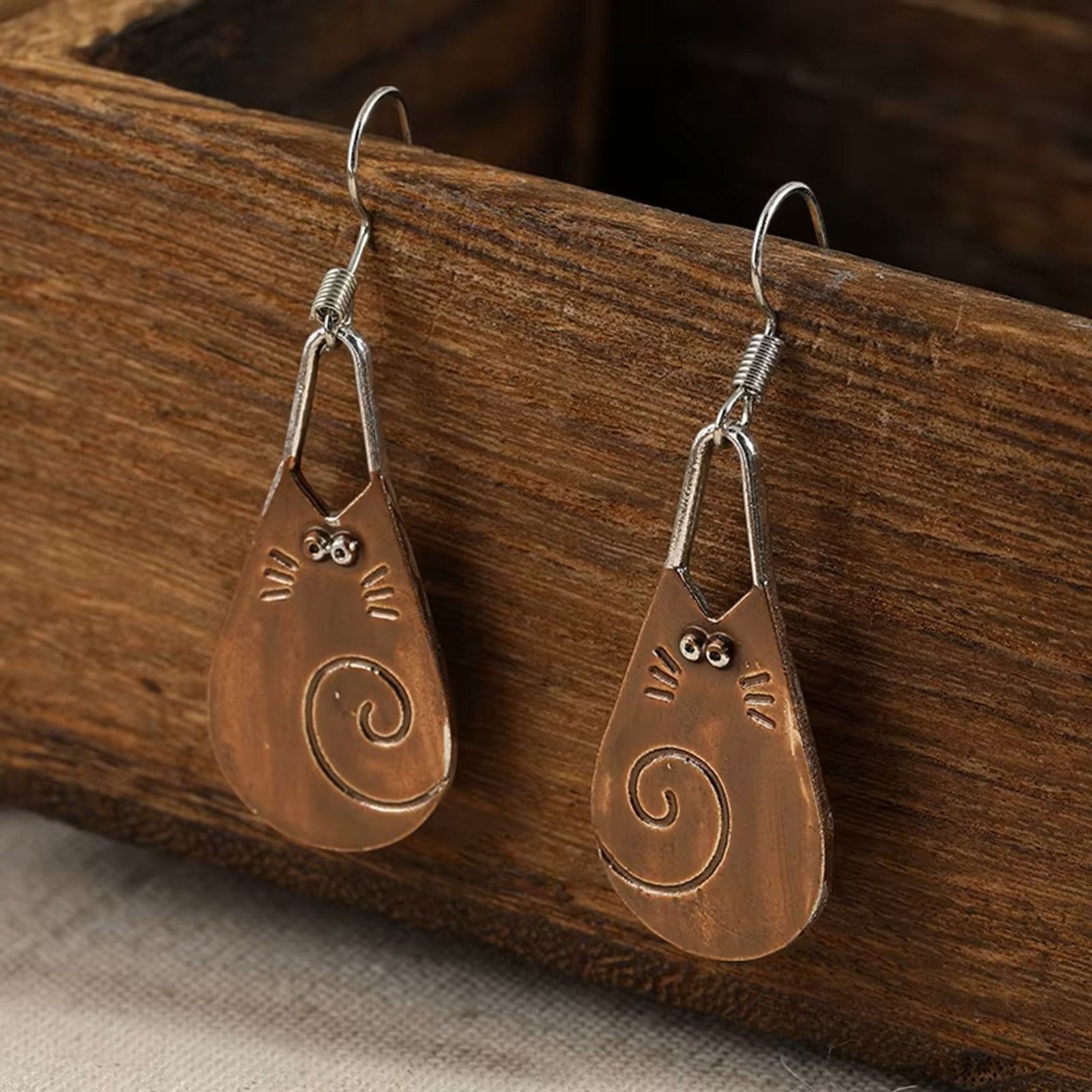 Designer Copper Cat Dangle Earrings Hooks Minimalist Design Size ONE SIZE - 9 Thumbnail