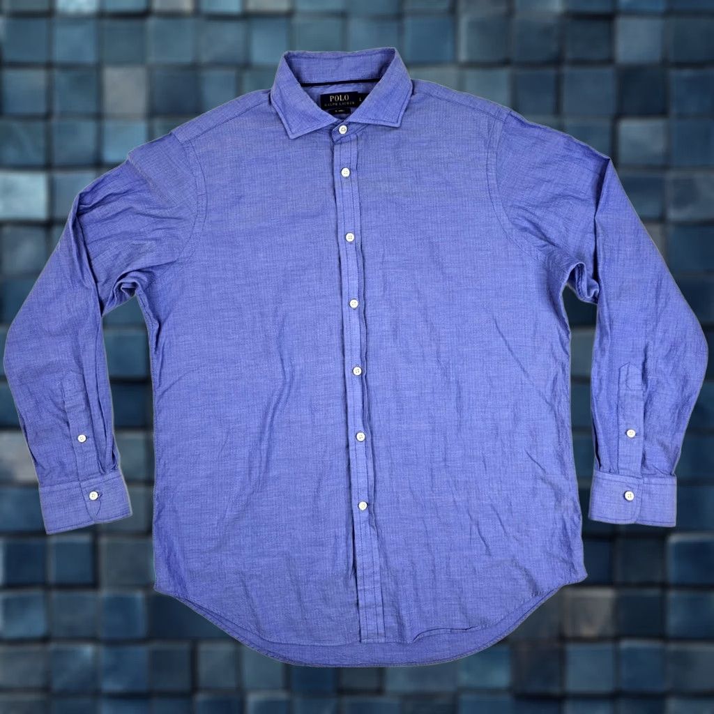 Polo Ralph Lauren Polo Ralph Lauren TL Twill Blue Micro Herringbone Dress Shirt Men L EUC Size 42R - 1 Thumbnail